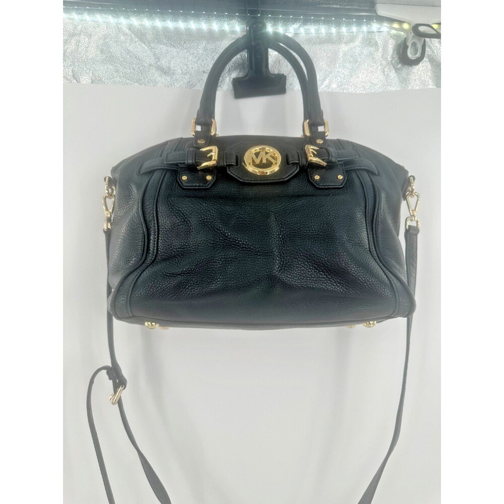 Michael Kors Florence BlackPebbled LeatherSatchel Bag Gold MK MedallionCrossbody